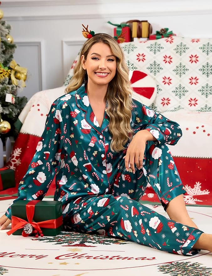 SWOMOG Womens Silk Satin Pajamas Set Long Sleeve Button Down Sleepwear 2 Piece Lounge Set Pj Set XS-3XL