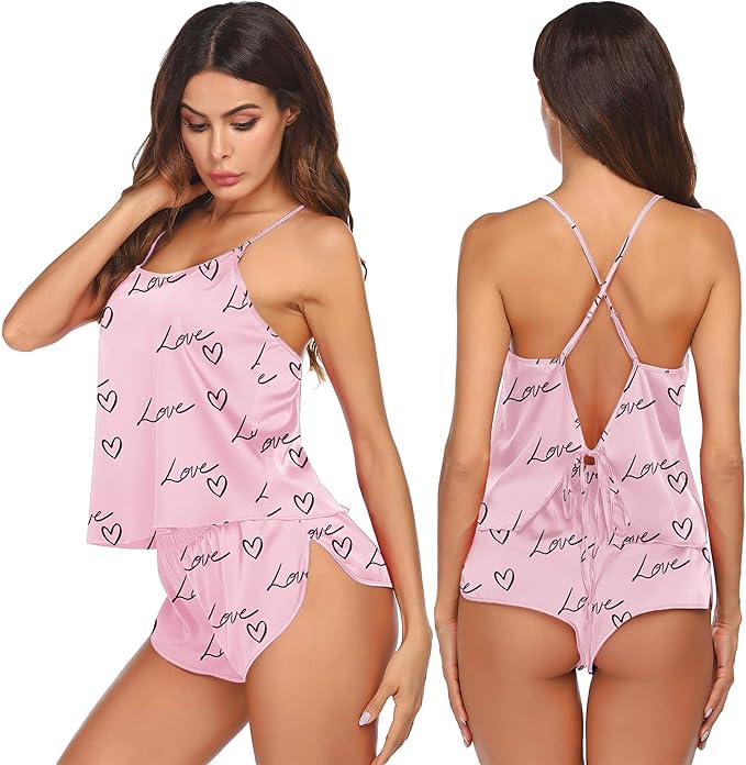 Ekouaer Silk Pajamas Set for Women Satin Backless Lingerie Pjs Cami Top and Shorts Nightwear
