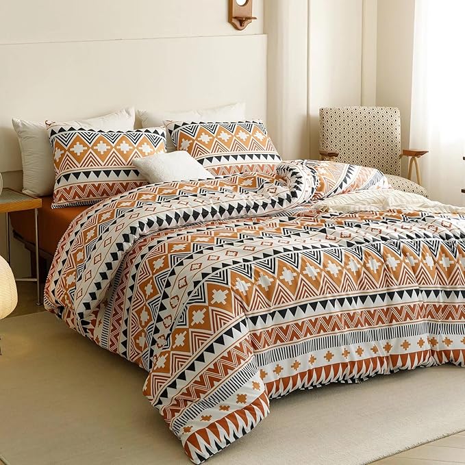 Luxlovery Aztec Orange Comforter Set Twin Boho Geometric Bedding Set Beige Black Multicolor Farmhouse Blanket Quilts Soft Rustic 3PCS Comforter Set