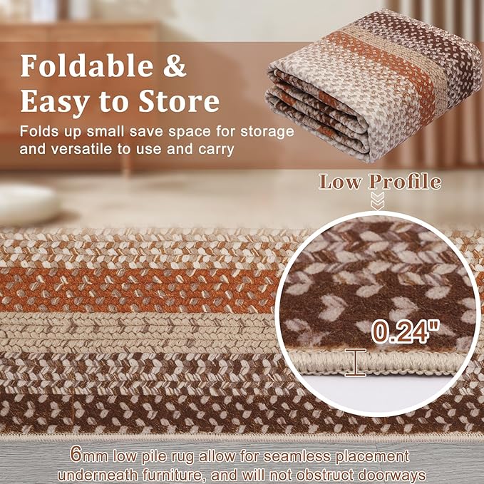 RUGSREAL Braided Washable Area Rug 8x10 Large Area Rug for Living Room Modern Braid Bedroom Carpet Stain Resistant Dining Room Throw Rug Soft Farmhouse Accent Carpet for Home Decor, Brown/Rust