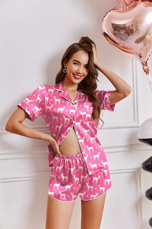 Ekouaer Womens Silk Satin Pajamas Short Sleeve PJS Shorts Set Soft Button Down Sleepwear 2 Piece Loungewear S-5XL