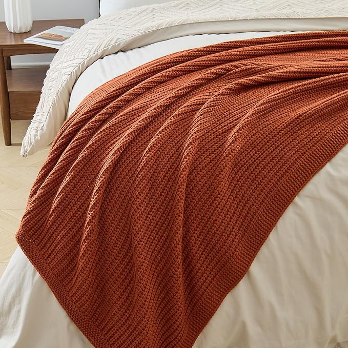 Chunky Knit Rust Orange Throw Blanket 50"x60" Soft Cozy Knitted Blanket for Couch Sofa Bed, Cute Decorative Spring Throw for Living Room