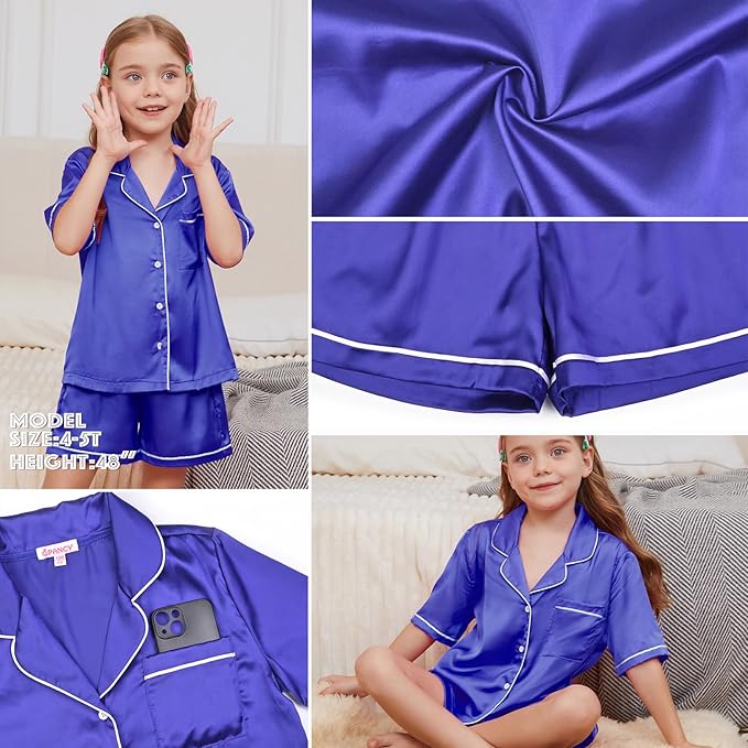 QPANCY Kids Satin Pajamas Sets Baby Boy Girl Button-Down Silk Sleepwear 2 Piece Short Sleeve Loungewear Clothes Set