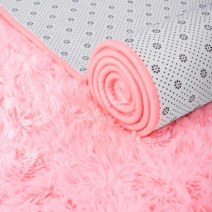 ISEAU Fluffy Rug Dorm College Apartment Carpets Soft Shaggy Area Rugs Indoor Floor Mats for Kids Room Fuzzy Carpet Bedside for Boys Girls Bedroom Living Room Home Decor Mat, 5ft x 8ft, Pink
