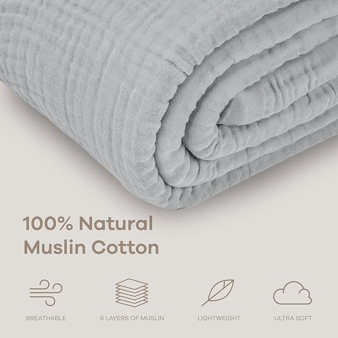 Comfy Cubs Muslin Blanket for Adults King 108" x 90" - 6 Layer Soft, Breathable & Lightweight Muslin Adult Blanket - Machine Washable & Designed in The US Bedding for All Seasons -Heather Blue