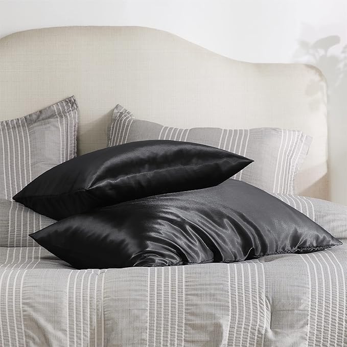 Bedsure Satin Pillowcase with Zipper, Similar to Silk Pillow Cases 2 Pack, Silky & Soft Satin Pillow Cases Standard Size for Hair and Skin, Black Pillow Covers, Gifts for Women Men, 20x26 Inches