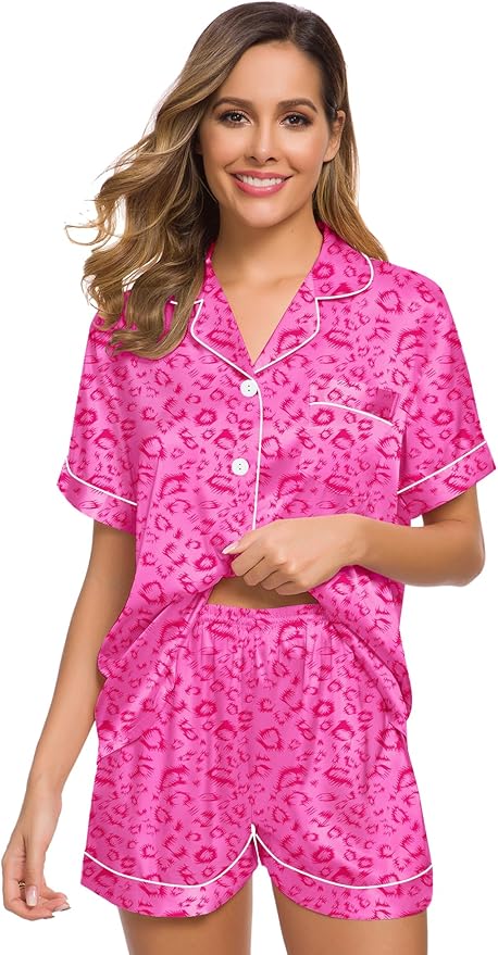 SWOMOG Womens Silk Satin Pajamas Set Short Sleeve Sleepwear Button Down Top and Shorts Loungewear 2 Piece Pjs Set XS-3XL
