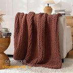Chunky Knit Blanket Throw, 100% Hand Knit Throw Blanket Handmade Chenille Cable Knit Throw for Couch, Stylish Cozy Soft Rope Knot Crochet Blanket for Home Decor, Copper Brown, 50x60 Inches