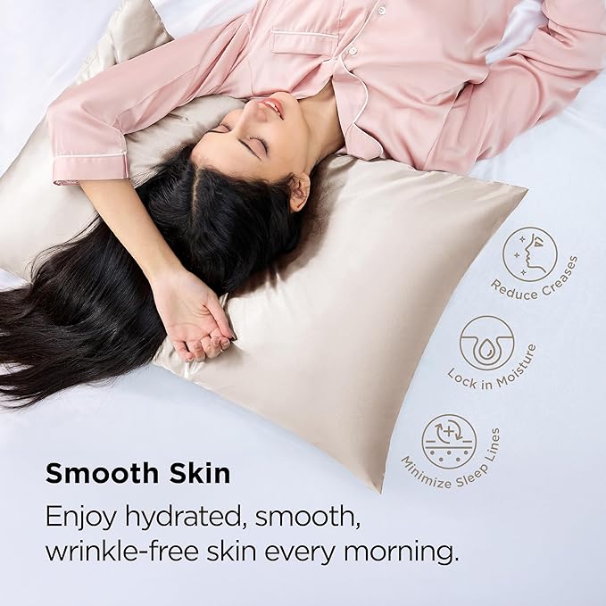 Bedsure Satin Pillowcase with Zipper, King Size Satin Pillow Cases Set of 2, Similar to Silk Pillow Cases 2 Pack, Silky & Soft Pillow Cover for Hair and Skin, Gifts for Women Men, Beige, 20x36 Inches