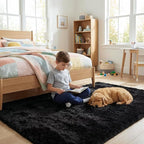 junovo 3x5 Black Washable Area Rug for Boys Bedroom, Soft Non-Slip Fluffy Bedside Rugs, Shag Plush Memory Foam Carpet for Kids Room Baby Nursery Home Decor Aesthetic