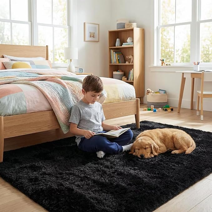 junovo 2x3 Small Washable Rug, Black Soft Non Slip Throw Carpet, Fluffy Shaggy Entryway Rugs for Bedroom Nursery, Indoor Inside Front Entrance Floor Mat for Home Decor Aesthetic