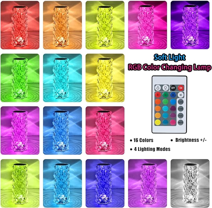 VoMii 2 Pack Crystal Lamp Touch, RGB 16 Colors Changing Night Light, Rechargeable Crystal Table Lamp Bedside Lamp, Cordless Rose Diamond Battery Night Light, for Bedroom/Party/Dinner/Decoration