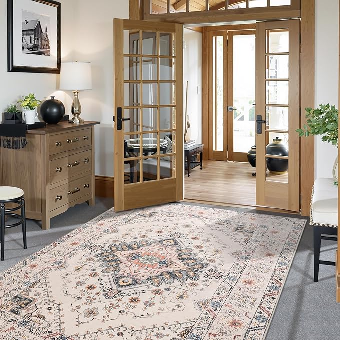 CRYPTOLITE Vintage Area Rug 5x8 Rugs, Machine Washable Vintage Area Rug Non-Slip Low Pile Large Rug for Living Room, Bedroom, Farmhouse, Dining Room, Beige
