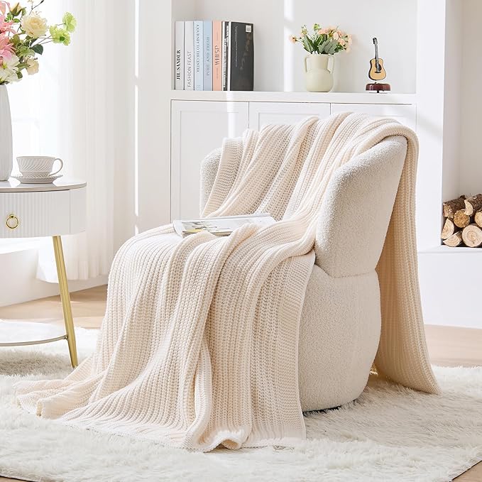 Cream White Chunky Knit Throw Blanket 60"x80" - Soft Cozy Thick Knitted Blanket for Couch Sofa Bed, Cute Christmas Decorative Throw for Living Room