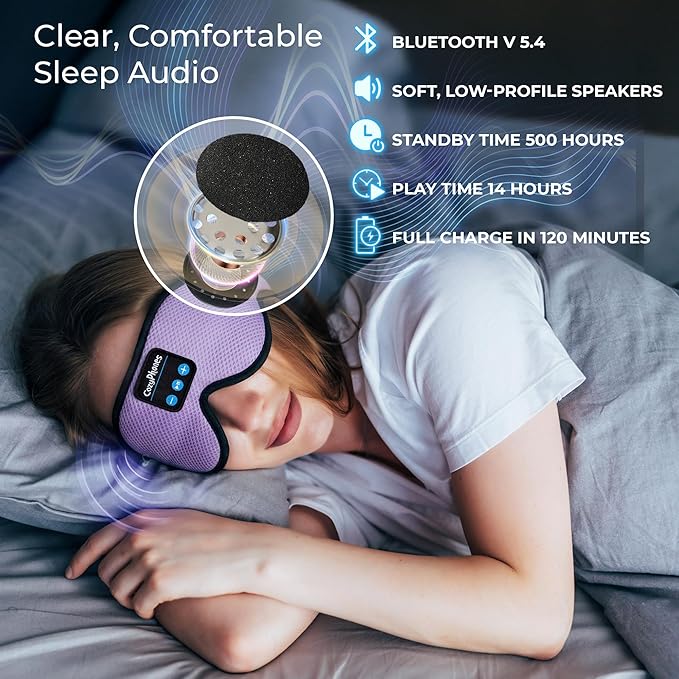 CozyPhones Bluetooth Sleep Mask with Headphones – 3D Contoured Memory Foam Eye Mask, Wireless Eye Mask for Sleeping, Adjustable Sleep Headphones, Bluetooth 5.4, 14H Playtime - Grey