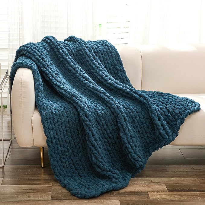 YAAPSU Chunky Knit Throw Blanket for Couch, 51“x63”, 100% Hand Knitted Thick Cable Knit with Cozy Jumbo Chenille Yarn, Soft Large Rope Knot Crochet Blankets for Sofa Bed Living Room Décor, Ocean Blue