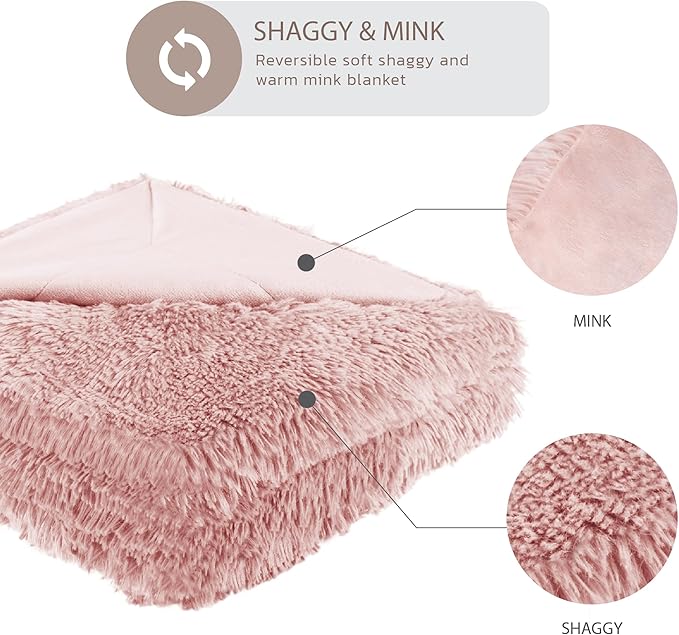 Hyde Lane Blush Pink Throw Blanket for Couch Sofa, Reversible Ultra Soft Faux Fur Fluffy Fuzzy Throw Blankets - 60x80 Rose Gold