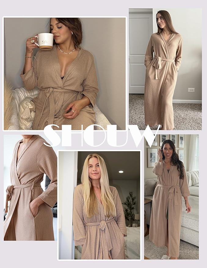 Ekouaer Women's Robe Long Waffle Knit Bathrobe Lightweight Soft Kimono Robes Loungewear S-XXL