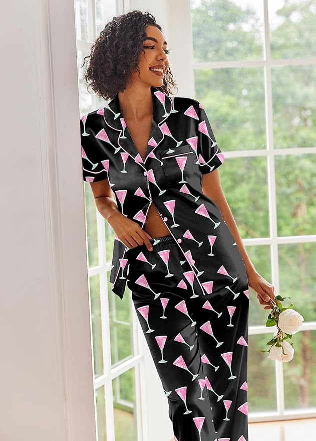 Ekouaer Silk Satin Pajamas Set Women Short Sleeve Sleepwear Soft Button Down Loungewear Pjs Set