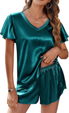 Ekouaer Women Satin Pajamas Set Ruffle Sleeves Silk Pj Set Soft V Neck Sleepwear Loungewear