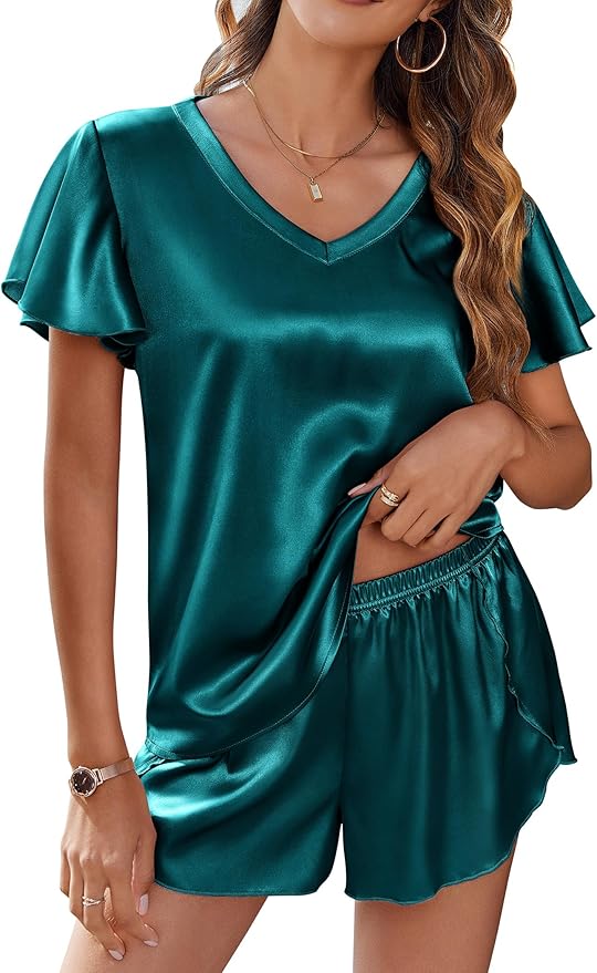 Ekouaer Women Satin Pajamas Set Ruffle Sleeves Silk Pj Set Soft V Neck Sleepwear Loungewear