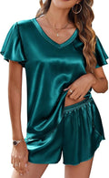 Ekouaer Women Satin Pajamas Set Ruffle Sleeves Silk Pj Set Soft V Neck Sleepwear Loungewear