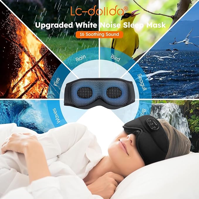 LC-dolida White Noise Sleep Mask, 3D Sleep Headphones with 16 Soothing Sounds, Bluetooth 5.4 Sleep Eye Mask with Timer, Total Blackout Sleeping Headphones for Side Sleeper (Black) (Black)