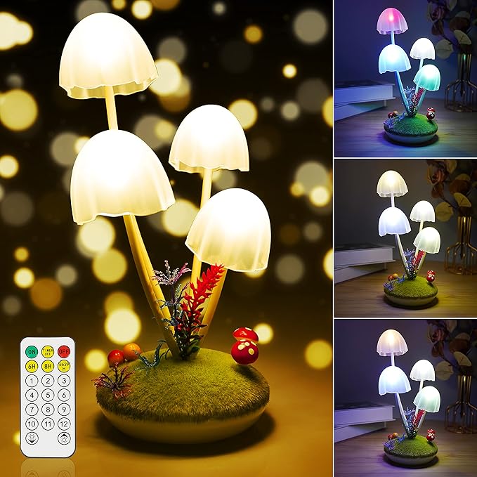 StarryEver Mushroom Lamp Cute Night Light, Rechargeable Mushroom Decor Small Table Lamps, Dual-Colors Bedside Lights with Dimmable Remote & Timer, Gift for Kids Teen Girls Bedroom
