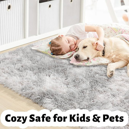 Amdrebio Tie-Dyed Light Grey Large Living Room Rugs 6x9, Furry Shag Area Rug for Bedroom, Big Soft Fluffy Rug for Kids Room Decor, Modern Fuzzy Shaggy Carpet, Plush Floor Rug for Classroom