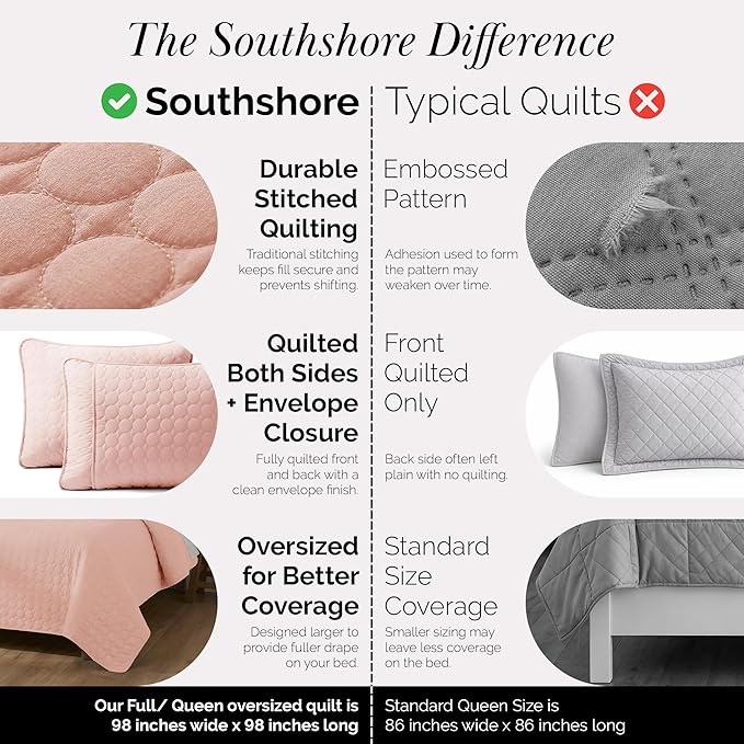 Southshore Fine Living, Inc. Oversized Full Size Quilt Bedding Set, Lightweight Bedspread, Soft Coverlet 3-Piece Set with Two Matching Quilted Pillow Shams, All Season Full/Queen Quilts, Pastel Pink
