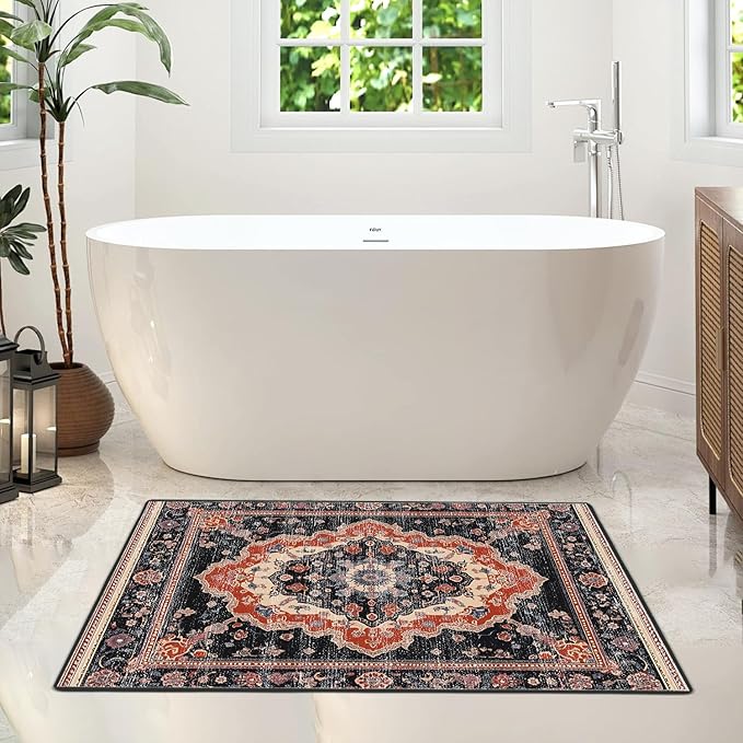 Area Rug 2x3 ft Rug Washable Boho Rugs Non Slip Low Pile Floral Small Carpet for Bedroom, Bedside, Kids Room, Office, Dining Room (Retro Colors, 2x3 ft)