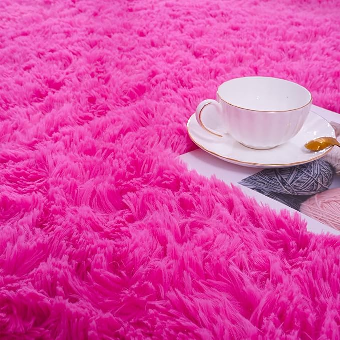 ISEAU Fluffy Rug Carpets Soft Shaggy Area Rugs Indoor Floor Mats for Kids Room Fuzzy Carpet Comfy Cute Nursery Mat Bedside Rug for Boys Girls Bedroom Living Room Home Decor Mat, 3ft x 5ft, Hot Pink