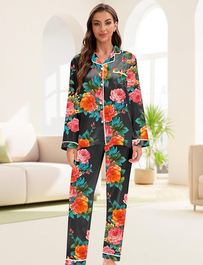 EPLAZA Silk Pajamas for Women Satin Pajamas Set 5 Pcs Long Sleeve Print Pattern Button Down Pjs Sleepwear Loungewear Set