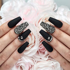 Hypnaughty 24 Pcs Rhinestone Noir Coffin Press On Nails with Gunmetal Color Luxury Rhinestones and Glue Medium Length Glue On False Nails (Rhinestone Noir)