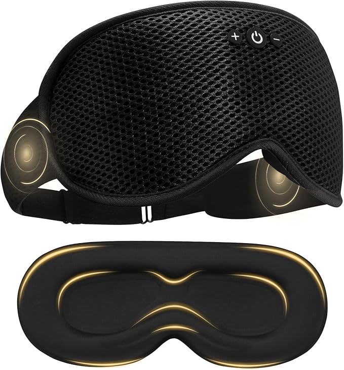 Sleep Mask with Bluetooth Headphones, Removable 3D Contoured Cup, Wireless Eye Mask for Sleep, Sleeping Headphones with Thin Stereo Speakers for Men, Women, Travel, Relaxation - Black