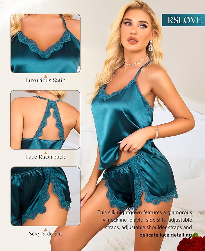 RSLOVE Women Pajama Set Sleepwear - Satin Pajamas Silk V Neck Cami and Shorts Pjs 2 Piece Womens Sexy Lace Lounge Nightwear