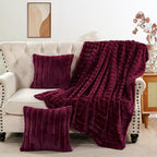 Striped Throw Blanket and Pillow Covers Set (No Inserts) for Couch and Bed, Plush Warm Lightweight Fuzzy Faux Fur Blanket for All Seasons (50" x 60", Burgundy)