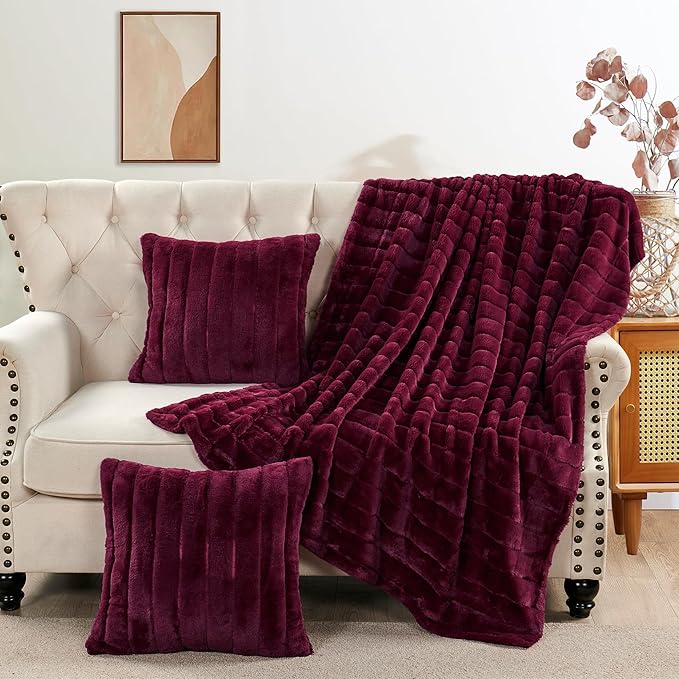 Striped Throw Blanket and Pillow Covers Set (No Inserts) for Couch and Bed, Plush Warm Lightweight Fuzzy Faux Fur Blanket for All Seasons (50" x 60", Burgundy)