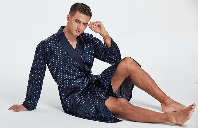 Tony & Candice Men's Satin Robe Lightweight Long Sleeve Silk Kimono Bathrobe with Shorts Set Sleepwear