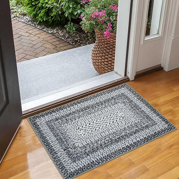 RUGSREAL 2x3 Entryway Rug Small Bedroom Area Rug Braided Printed Mat for Living Room Farmhouse Kitchen Mat Indoor Non Slip Rustic Throw Carpet Machine Washable Rug for Sink Under Table, Grey