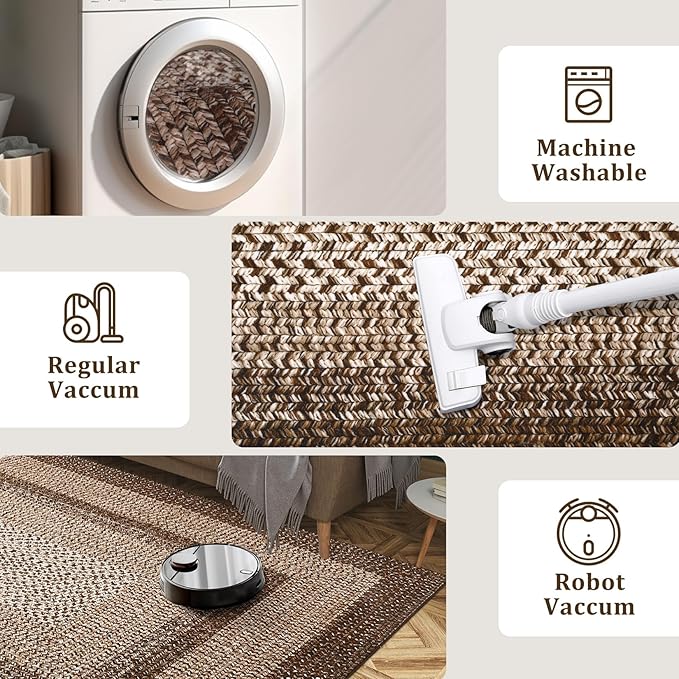 RUGSREAL Runner Rug for Hallway Kitchen Runner Carpet 2x10, Machine Washable Long Runner Throw Mat, Non Slip Entryway Rug Stain Resistant Braided Printed Carpet for Bedroom Living Room, Brown