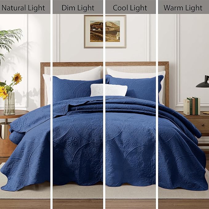 IR Imperial Rooms 8 Pack Quilt King Size Bedding (106" x 96") - Bulk Wholesale for Hotels, Guest Bedroom & Airbnbs - Lightweight Microfiber Reversible Floral Embossed Quilts Bedspreads (Navy)