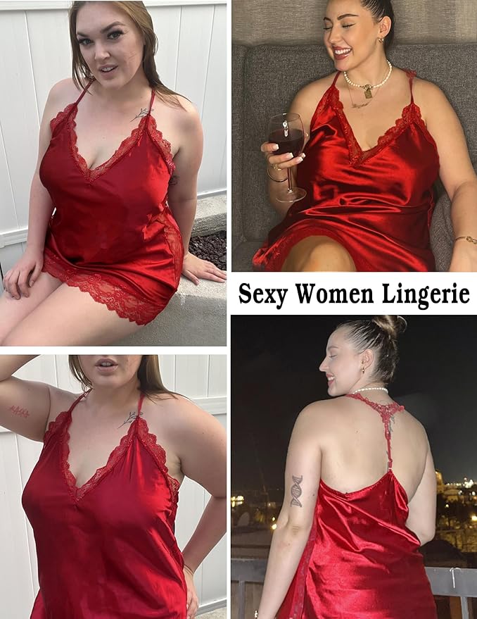 Avidlove Women Lingerie Plus Size Satin Lace Chemise Nightgown Sexy Full Slips Sleepwear L-4XL