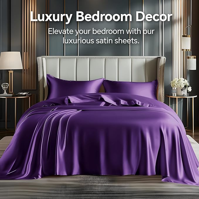 BEDELITE Satin Sheets Twin Size Bed Set, Luxury Soft Plum Purple Silky Sheets for Hair and Skin, Similar to Silk Bed Sheets Set 3 Pieces with 1 Deep Pocket Fitted Sheet, 1 Flat Sheet, and 1 Pillowcase