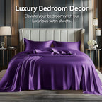 BEDELITE King Size Sheets Set, Luxury Soft Plum Purple Satin Sheets for Hair and Skin, Similar to Silk Bed Sheets Set 4 Pieces with 1 Deep Pocket Fitted Sheet, 1 Flat Sheet, and 2 Pillowcases