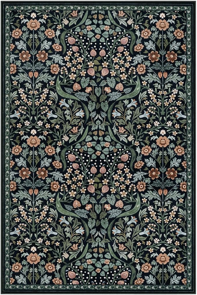 Lahome Claude Floral Bedroom Rugs, 6x9 Black Area Rugs for Living Room, Boho Thin Stain Resistant Carpet for Dining Room, Washable Area Rug Non Slip for Guestroom