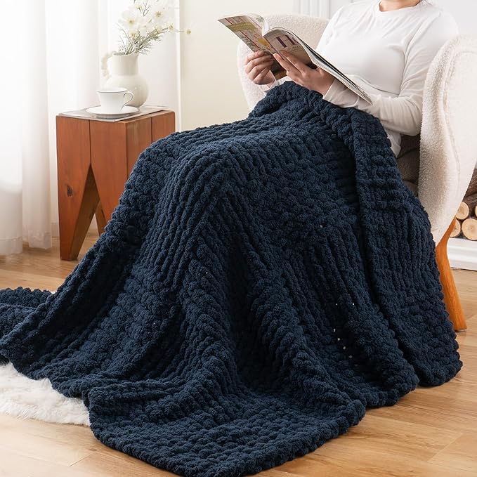 Bunnikins & Clover Navy Blue Throw Blanket for Couch, Chunky Knit Navy Throw Blanket for Home Decor, Handmade Chenille Cable Knit Throw, 50"x60"