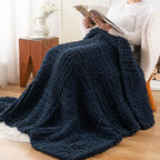 Bunnikins & Clover Navy Blue Throw Blanket for Couch, Chunky Knit Navy Throw Blanket for Home Decor, Handmade Chenille Cable Knit Throw, 50"x60"