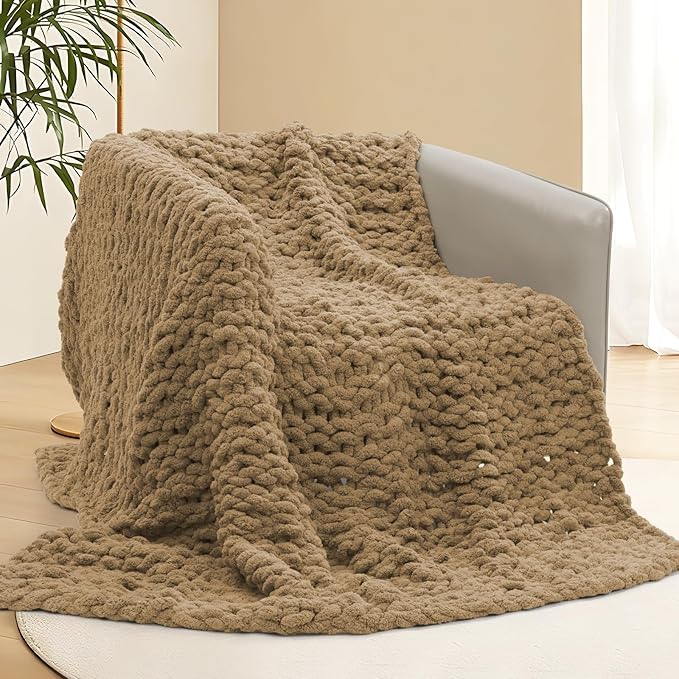 Chunky Knit Blanket Throw, 60x80inch Soft Chenille Yarn Throw, Handmade Warm Thick Cable Knit Crochet Blanket, Large Rope Knot Throw Blanket for Couch Bed Sofa,Dark Khaki