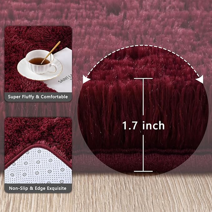 Burgundy Red Runner Area Rugs for Bedroom Living Room, 2x6 Feet Fluffy Bedside Rugs, Soft Shaggy Carpet for Kids Room Nursery, Cute Furry Rugs for Girls Boys Dorm Room Home Decor
